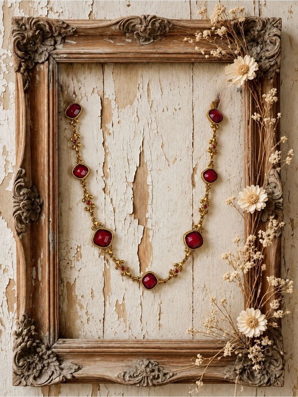 New York & Company Gold Tone fleur-de-lis Red Station Necklace Baroque Style
